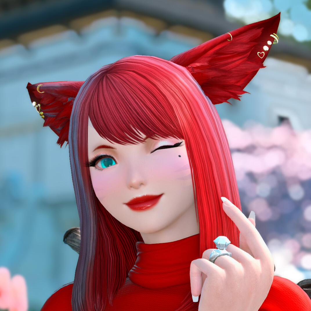 A red haired miqo'te winking and making a heart with her hand
